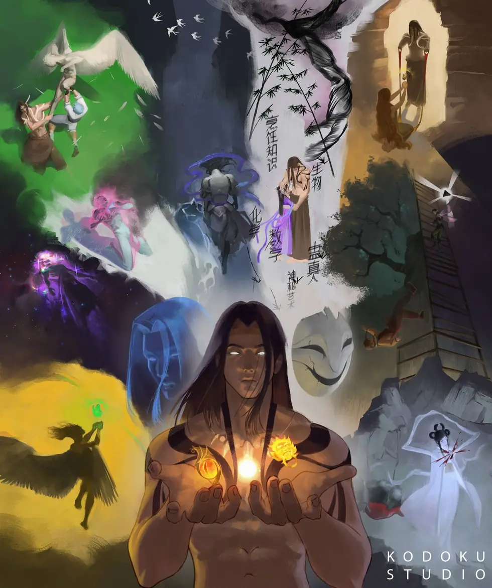 Ren Zu holding Gu, Kodoku Studio artwork