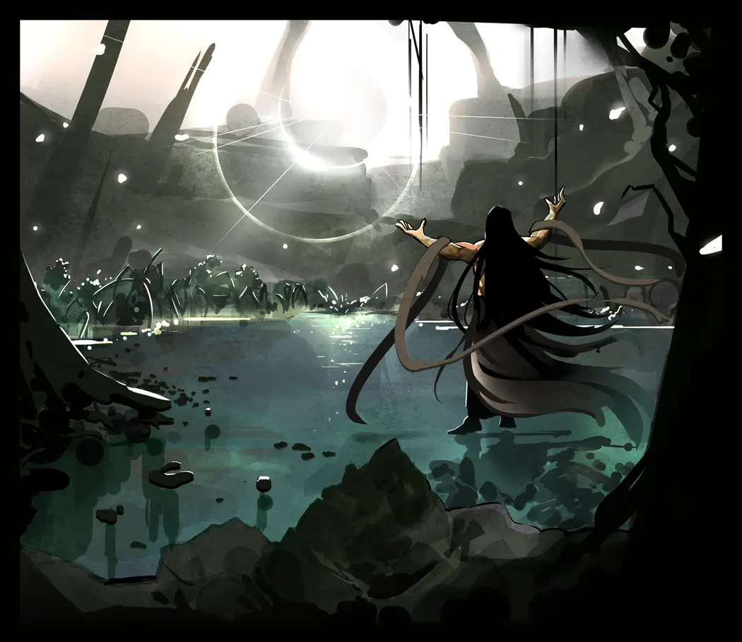 Ren Zu raising his hand beneath a celestial light